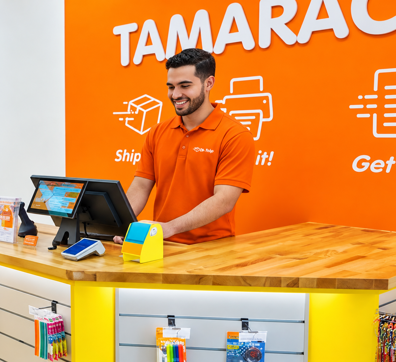 Employee using a touchscreen POS monitor at the Oh Ship! shipping and printing store.